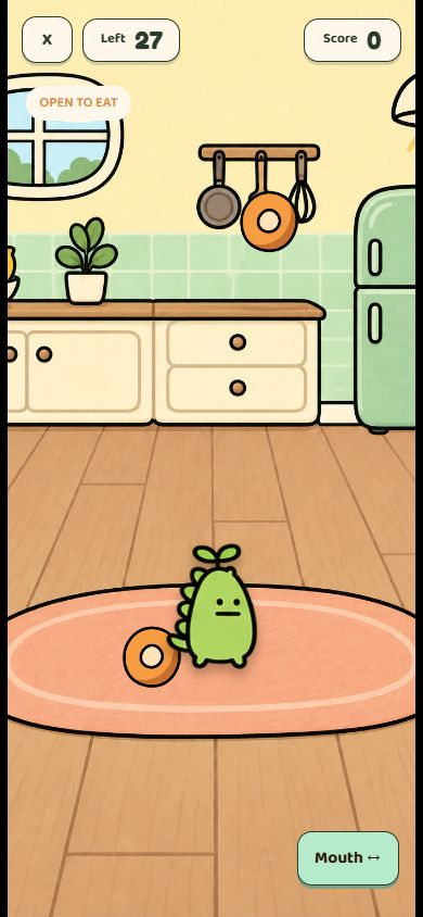Actual Chomp touch-mode gameplay: snacks fall through the kitchen toward Pico, with a Mouth button and round timer.