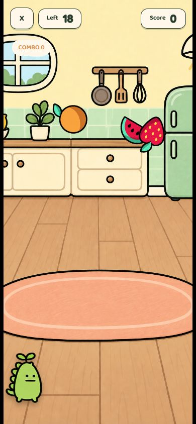 Actual Fruit Slice browser round with strawberries and watermelon in the kitchen, a countdown, score and combo counter.