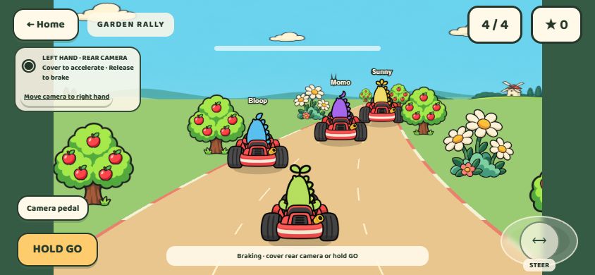 Actual Garden Rally browser gameplay: Pico races three buddies on a garden track with HOLD GO and steering controls.